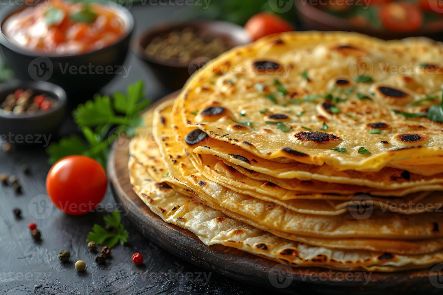 Traditional Indian Cuisine Freshly Made Naan Bread with Spices and Tomatoes for Culinary Design photo
