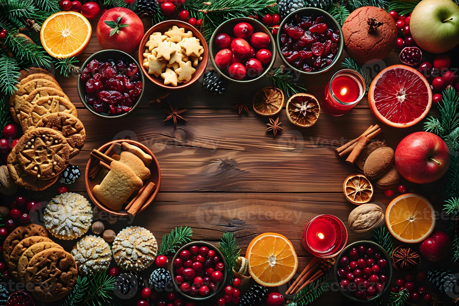Festive Holiday Arrangement with Seasonal Fruits, Nuts, and Spices for Christmas Decor photo