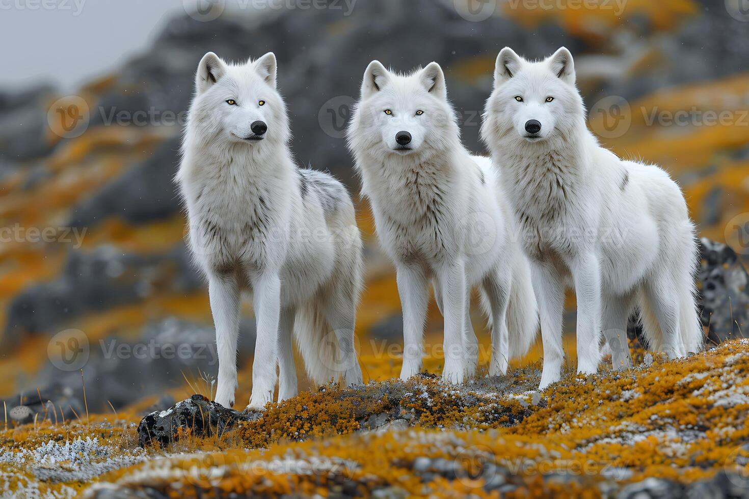 Majestic Arctic Wolves in Autumn Landscape - Wildlife Photography for Nature Enthusiasts photo