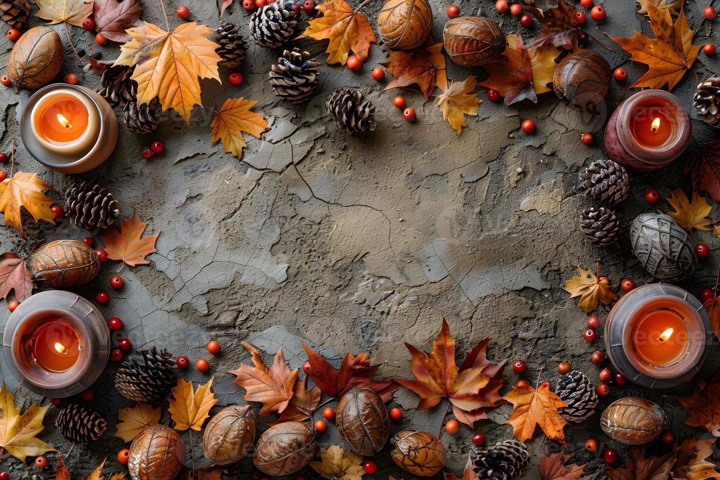 Autumn Leaves and Candles Frame with Pine Cones and Acorns for Seasonal Decoration photo