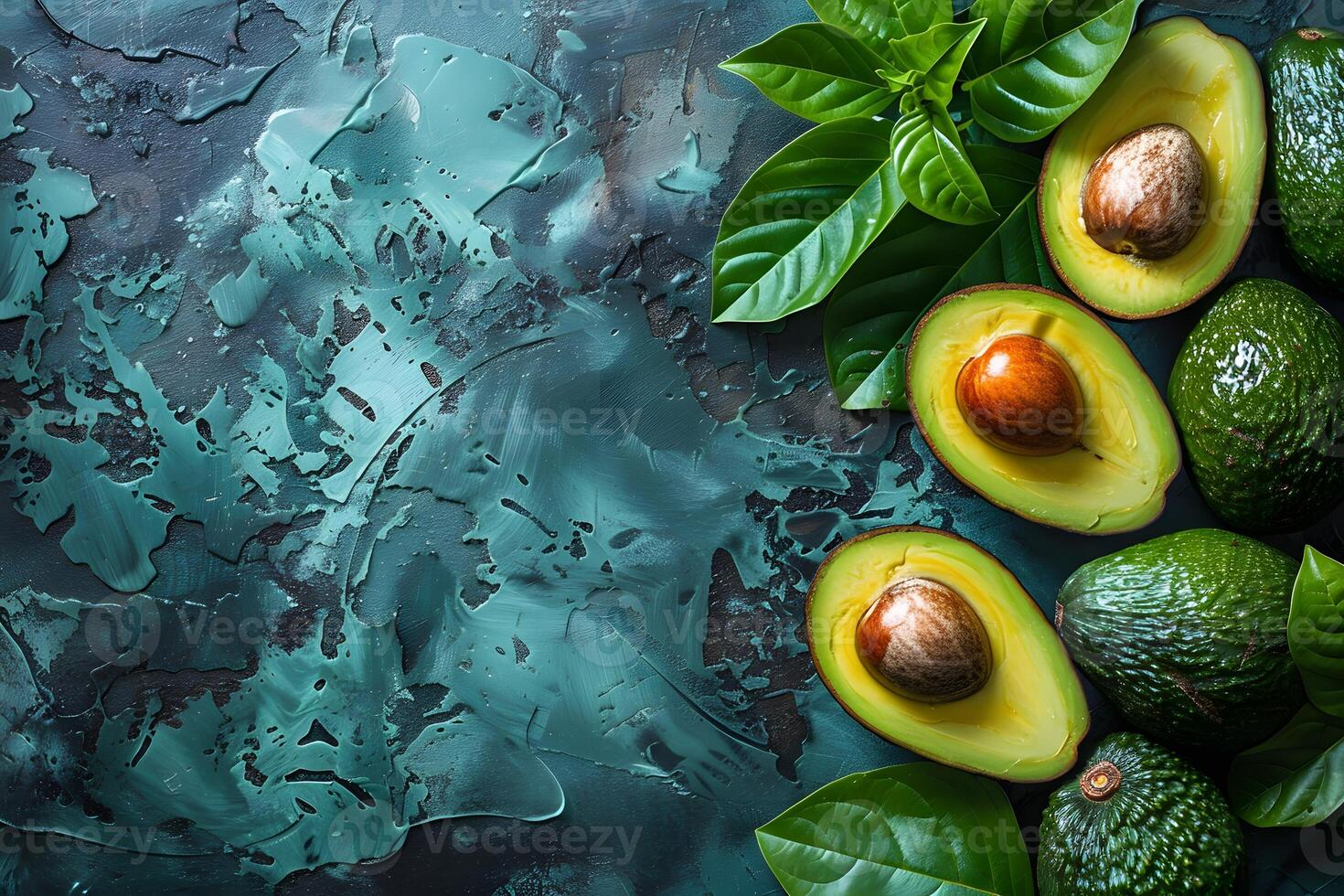 Fresh Avocado Arrangement on Artistic Green Background for Culinary Design and Healthy Living photo