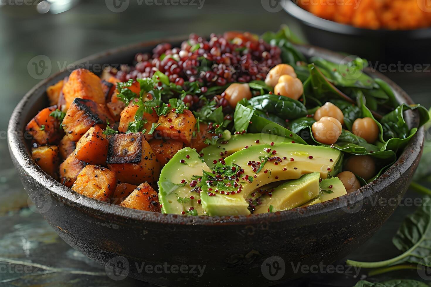 Healthy Vegan Bowl with Avocado, Sweet Potatoes, Quinoa, and Spinach for Nutritious Meal Prep photo