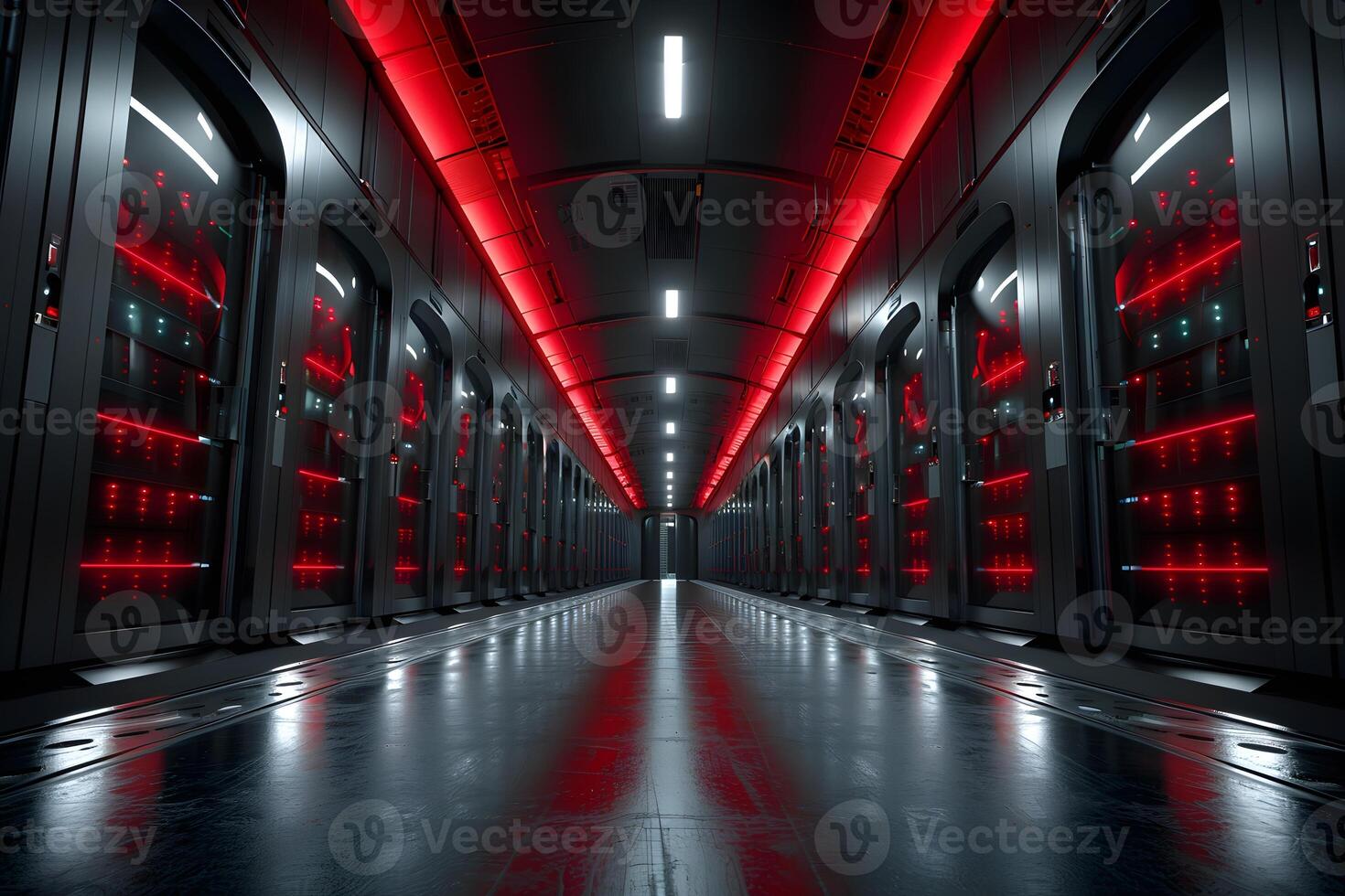 Futuristic Data Center with Red LED Lighting for High-Tech Design and Innovation photo