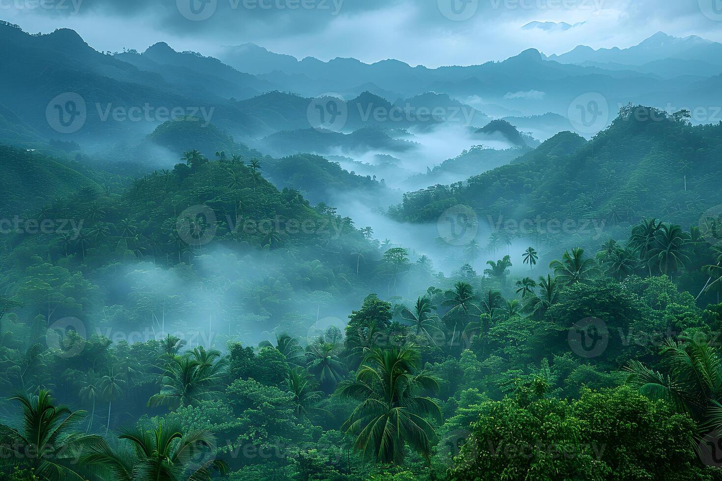 Serene Tropical Rainforest Landscape with Misty Hills and Lush Greenery at Dusk photo