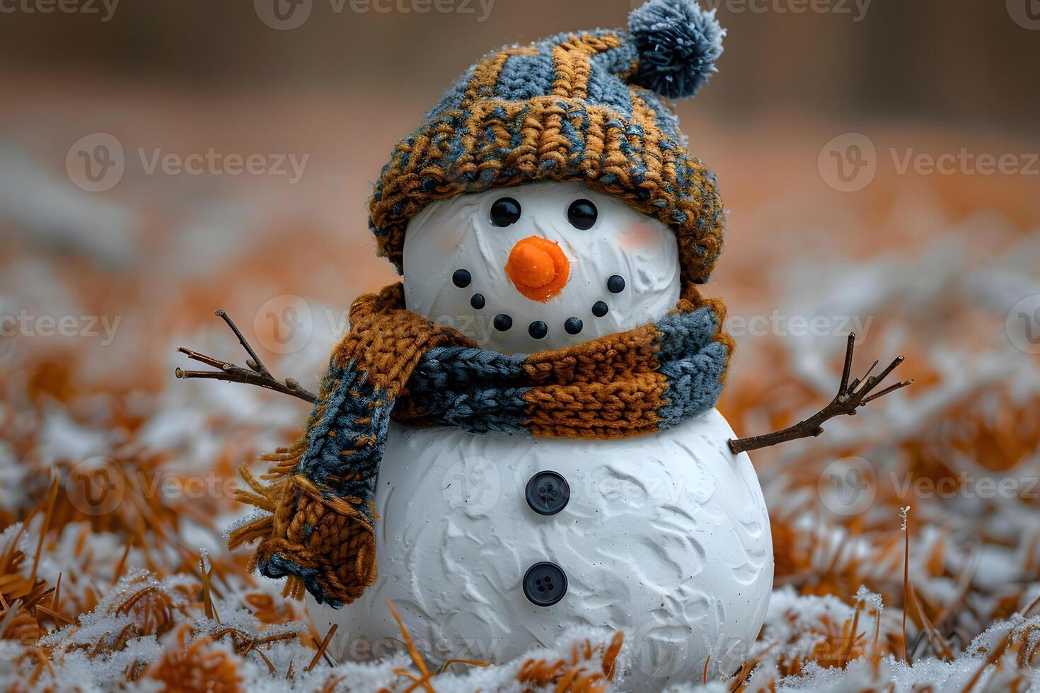 Adorable Snowman with Knit Hat and Scarf in Autumn Leaves photo