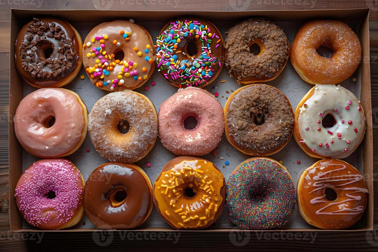 Assorted Donuts with Colorful Sprinkles in a Box for Food Photography and Bakery Promotion photo