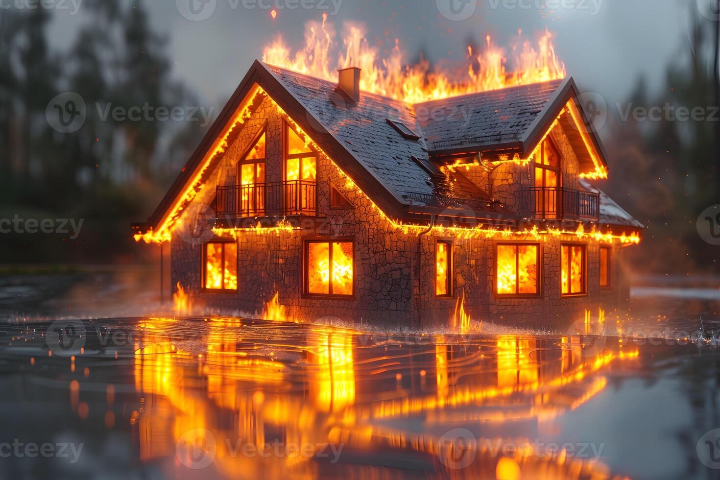 Dramatic Scene of a House on Fire Amidst Water Reflections - Conceptual Art for Disaster Awareness photo