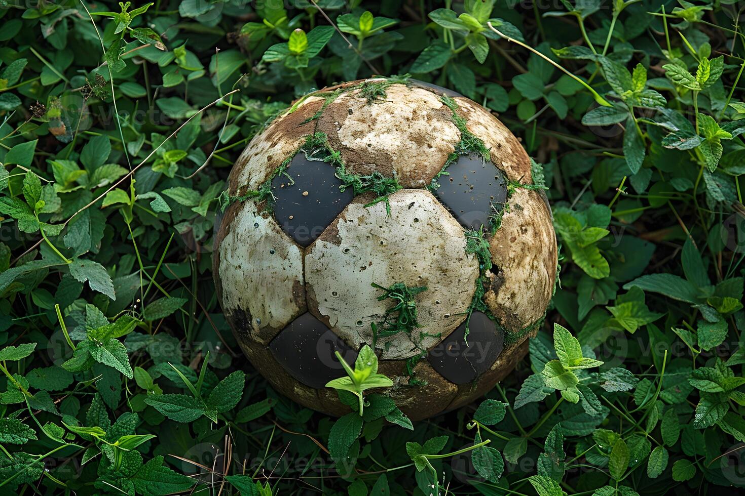 Vintage Soccer Ball in Overgrown Grass - Rustic Sports Concept for Posters and Designs photo