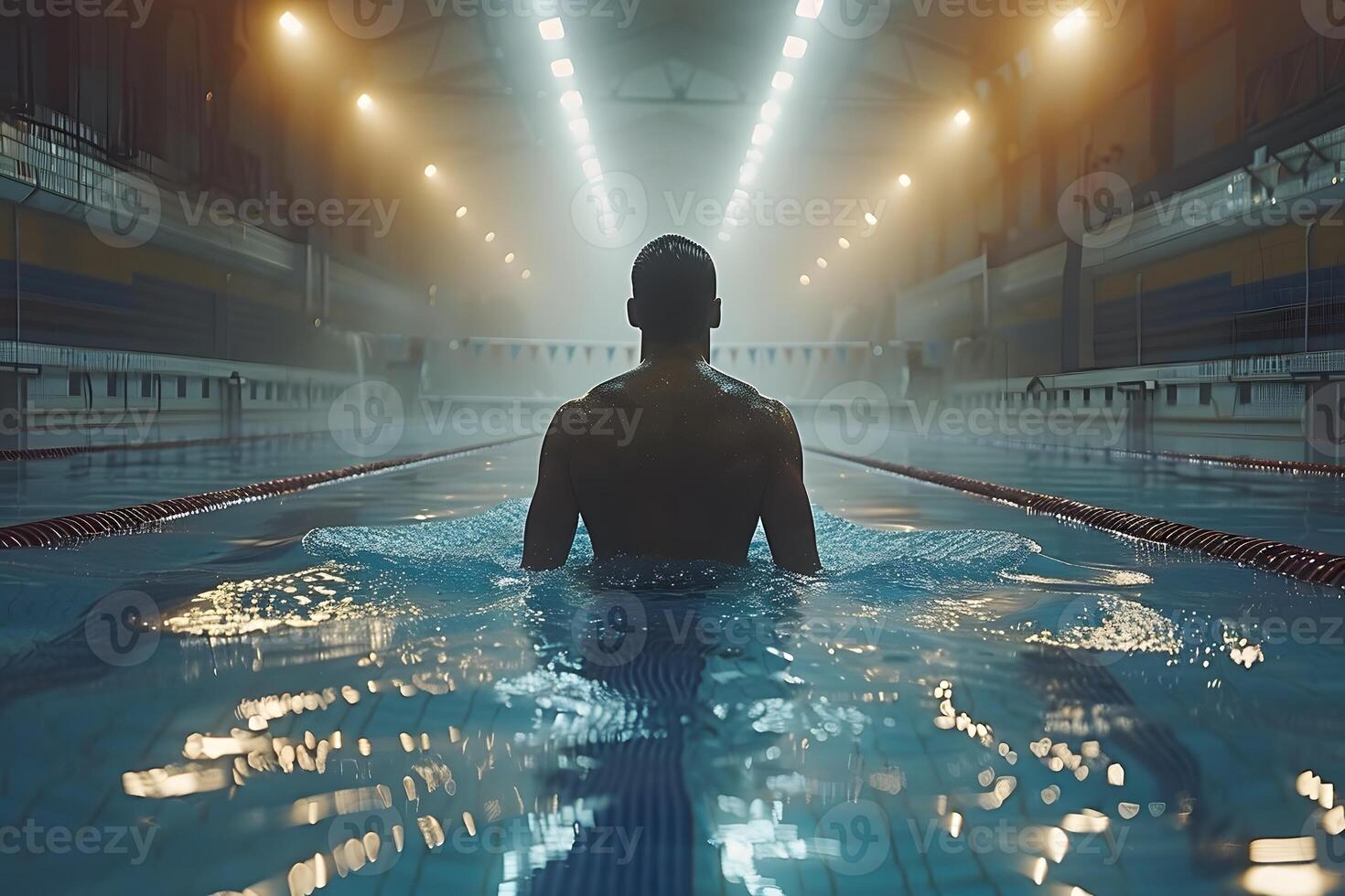 Determined Swimmer Training in Indoor Pool Under Dramatic Lighting photo