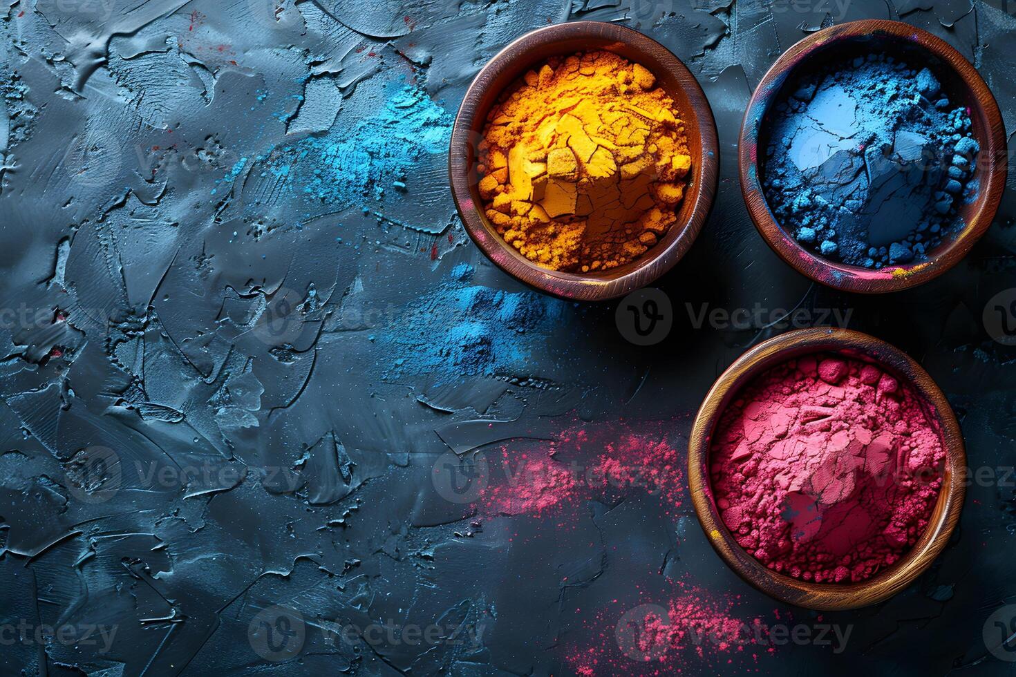 Colorful Holi Powder Display in Wooden Bowls on Textured Background for Vibrant Celebrations photo