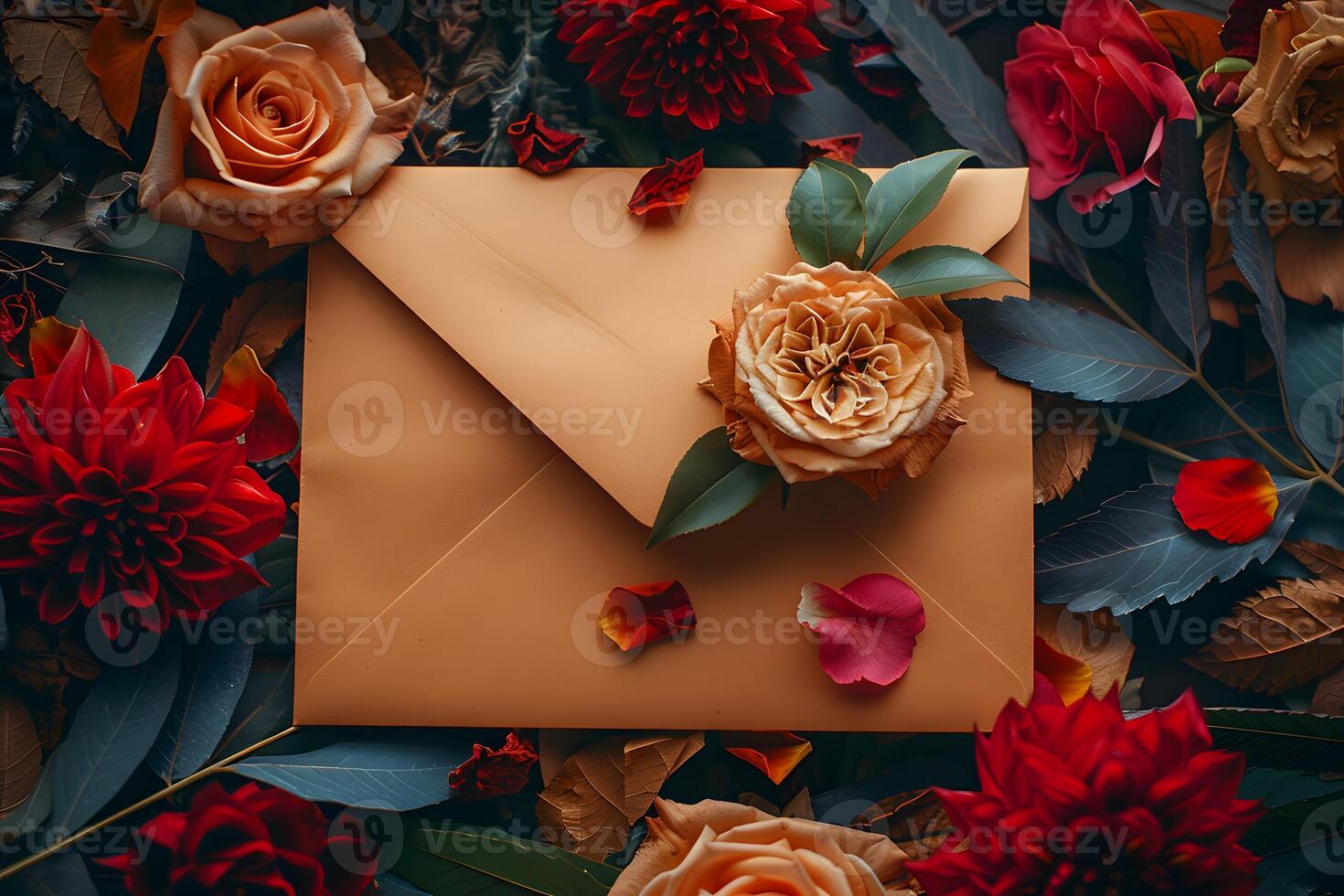 Floral Envelope Surrounded by Vibrant Red and Orange Blooms for Romantic Correspondence photo