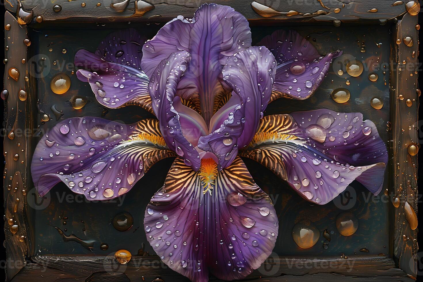 Vibrant Purple Iris with Dewdrops in Ornate Frame for Botanical Art Prints photo