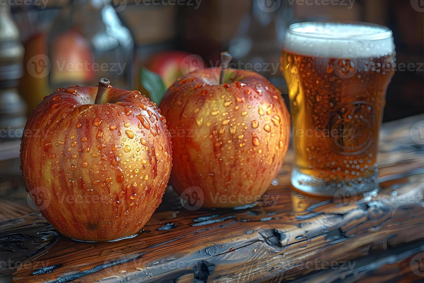 Autumn Harvest Fresh Apples and Craft Cider on Rustic Wooden Table photo