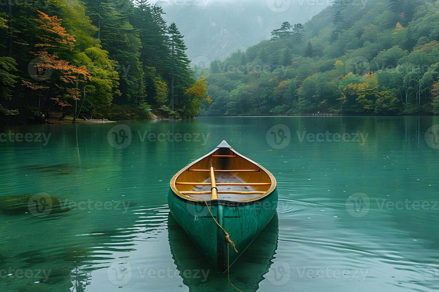 Tranquil Autumn Canoe Scene on Misty Forest Lake for Serenity and Nature Themes photo