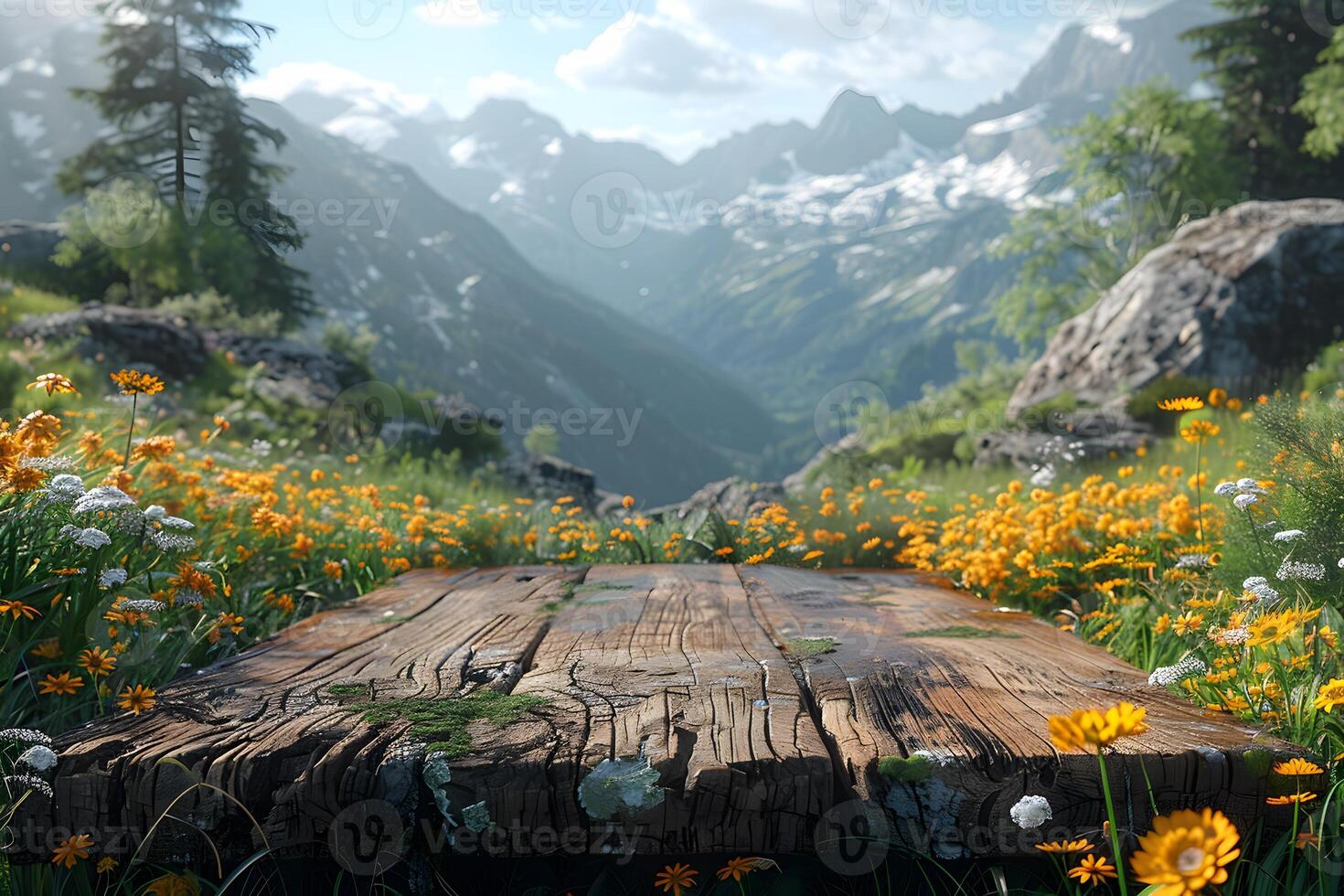 Mountain Meadow View with Wildflowers on Rustic Wooden Deck for Nature and Travel Design photo