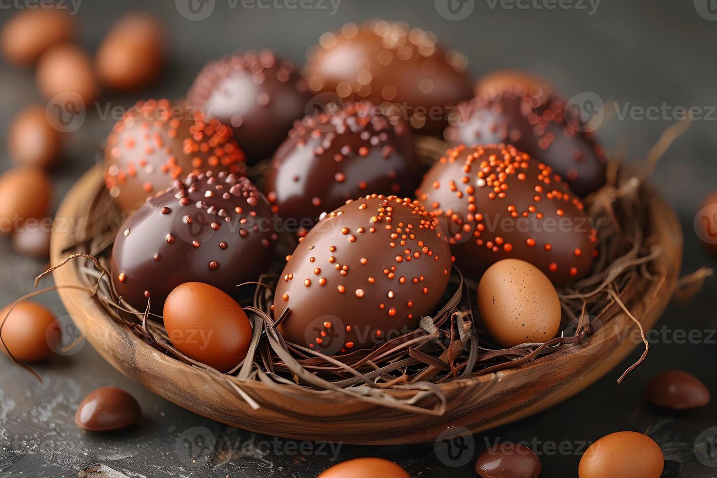 Chocolate Easter Eggs with Sprinkles in Rustic Nest for Festive Desserts photo