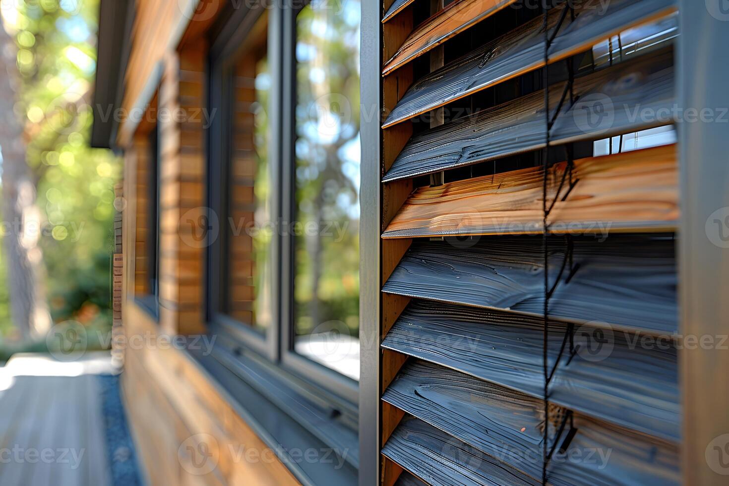 Modern Wooden Architecture with Sunlit Wooden Shutters and Reflective Windows in Natural Setting photo