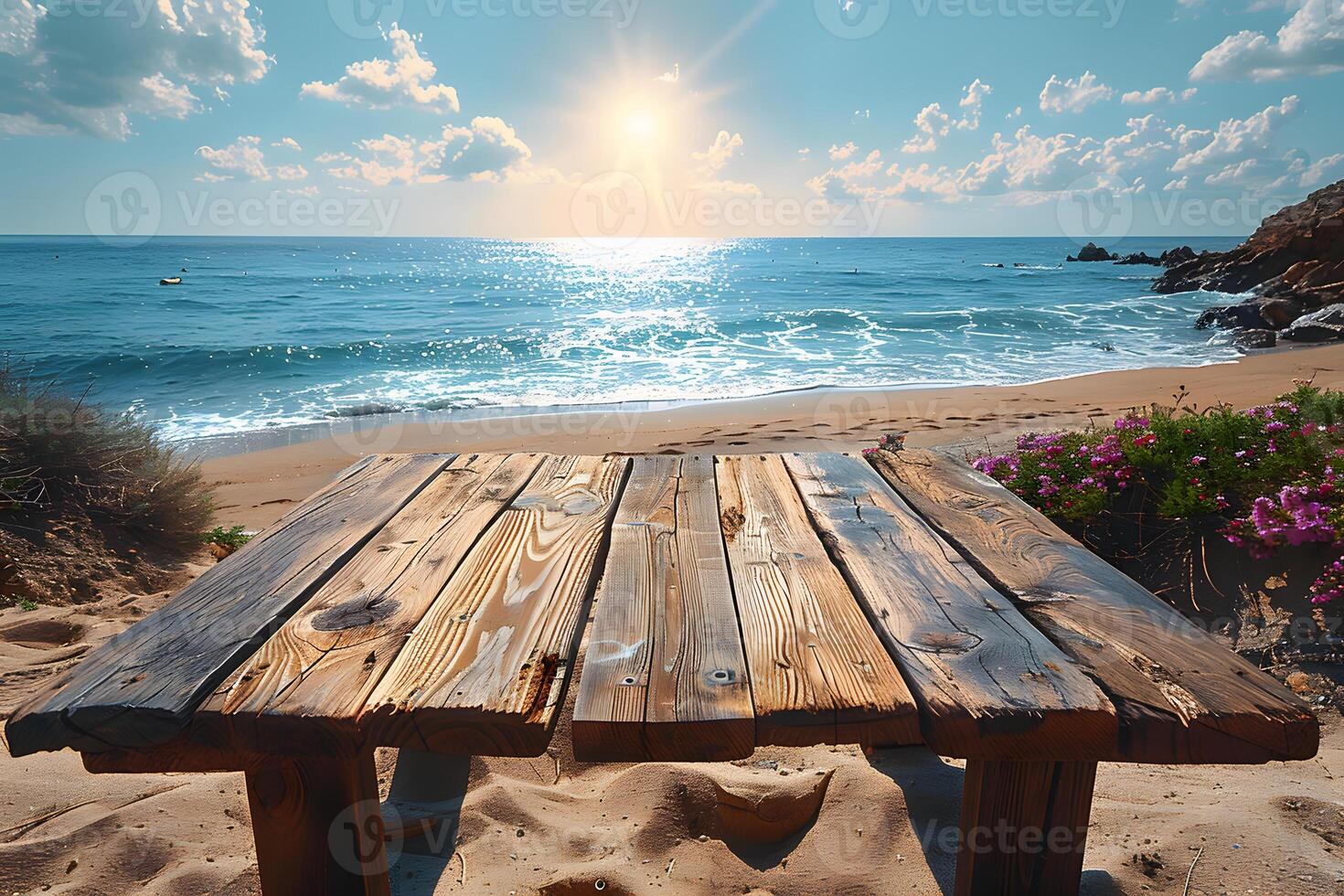 Serene Seaside View with Rustic Wooden Table Under Bright Sunshine for Summer Relaxation photo