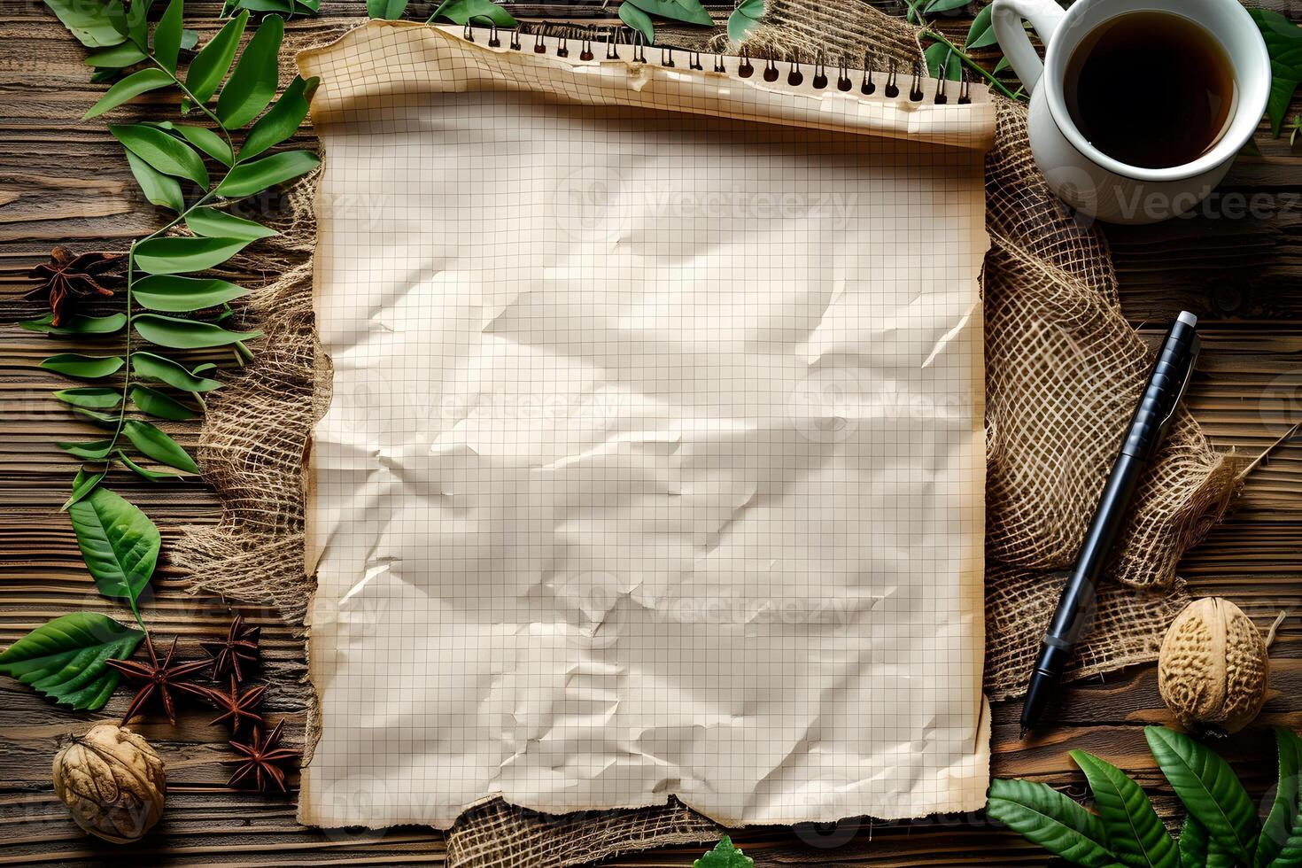 Rustic Autumn Workspace with Notebook, Coffee, and Natural Elements for Seasonal Design photo