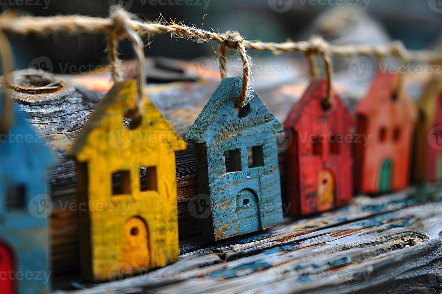 Rustic Wooden Keychains with Vibrant Houses for Decorative and Gift Purposes photo