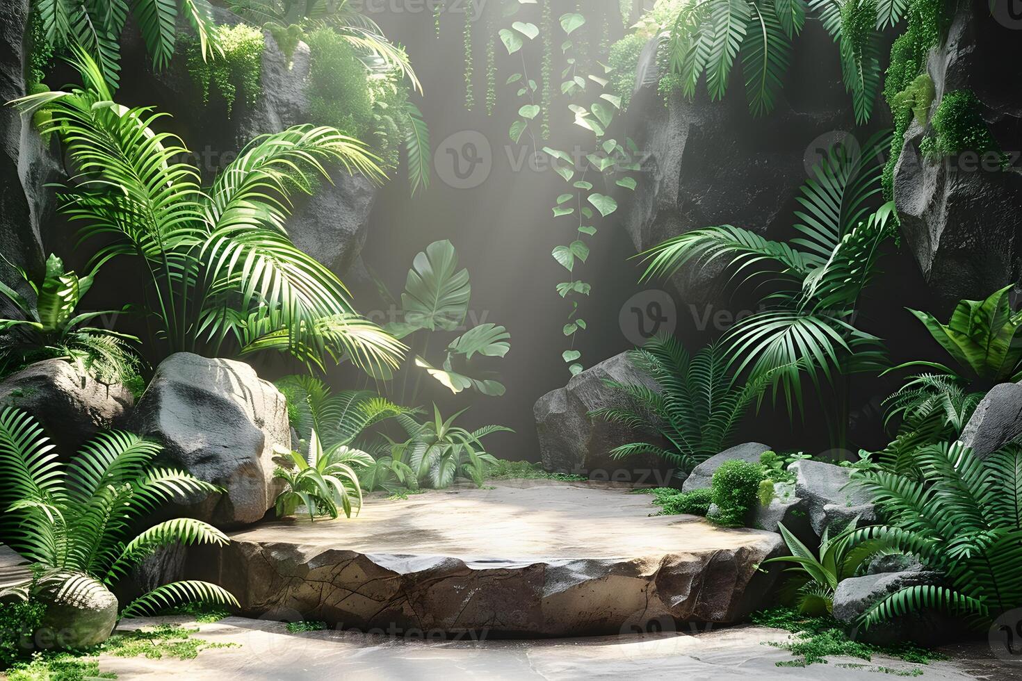 Tropical Jungle Oasis with Sunlit Rock Platform for Nature Retreat Design photo