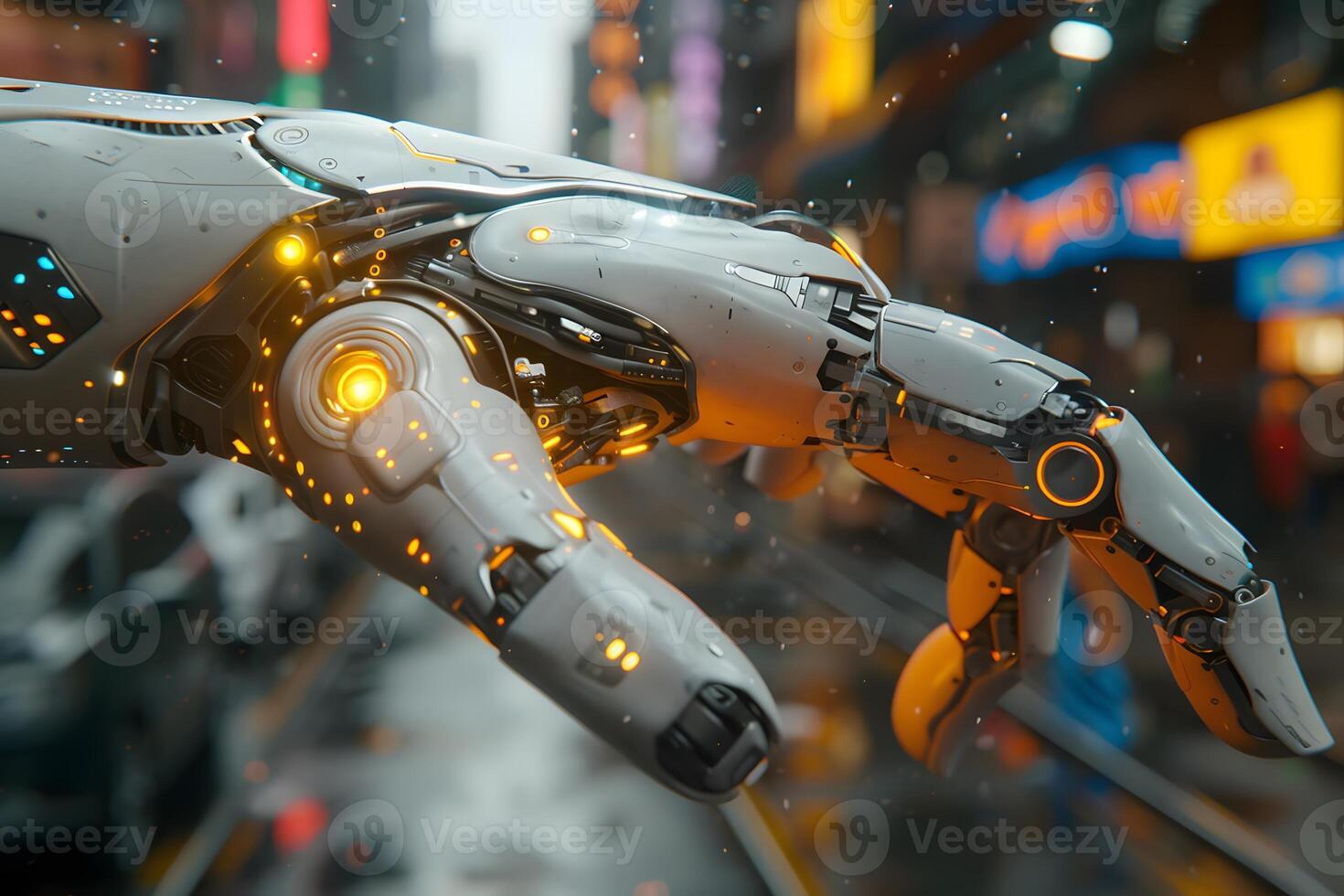 Futuristic Robotic Arm in Urban Setting - Innovation and Technology Concept photo