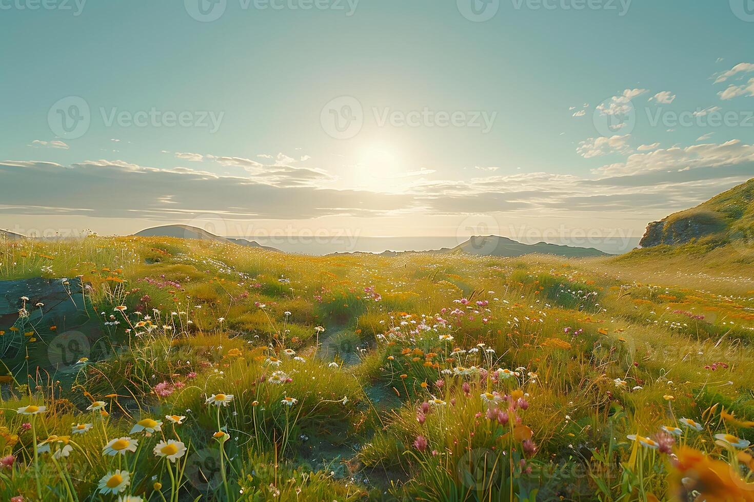 Tranquil Summer Landscape at Sunrise, Wildflower Meadow in Bloom photo