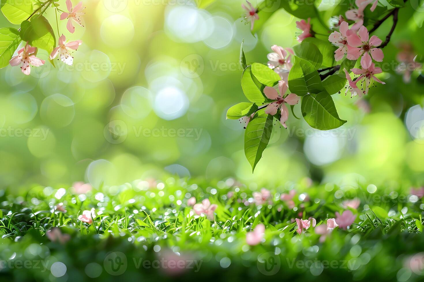 Springtime Blossoms with Sunlit Leaves in a Lush Garden Setting photo