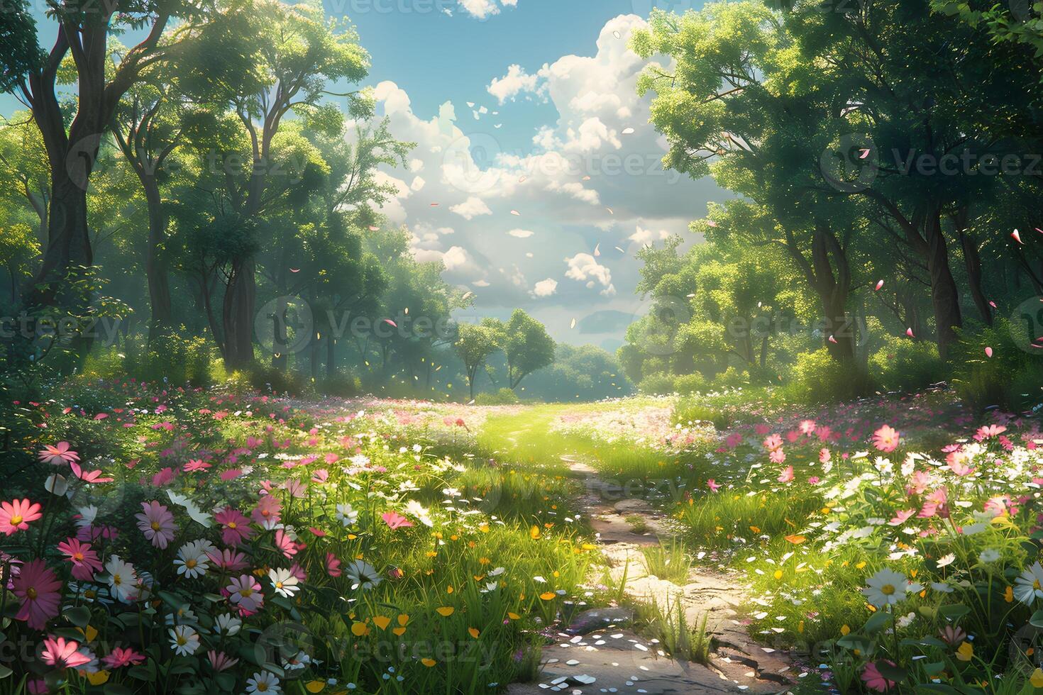 Serene Spring Meadow Pathway Under a Sunny Sky - Nature's Beauty for Poster Design photo