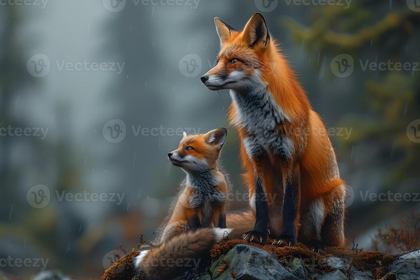 Red Fox and Kit in Rainy Forest - Serenity of Wildlife in Nature photo