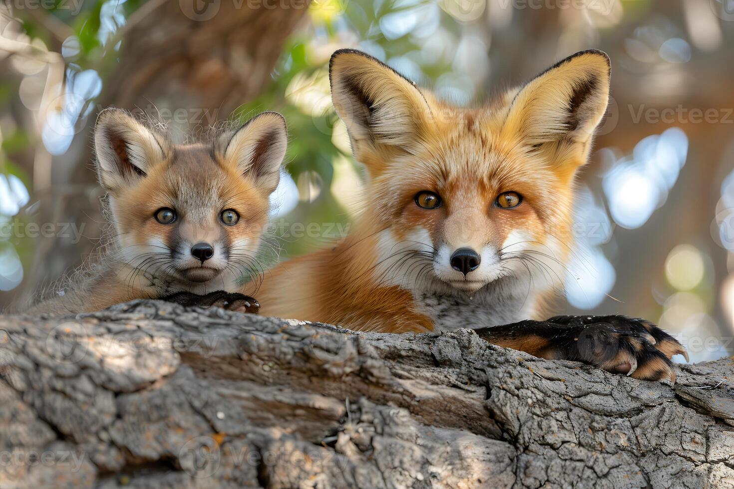 Mother and Kit Fox Relaxing on a Tree Branch in Natural Habitat photo