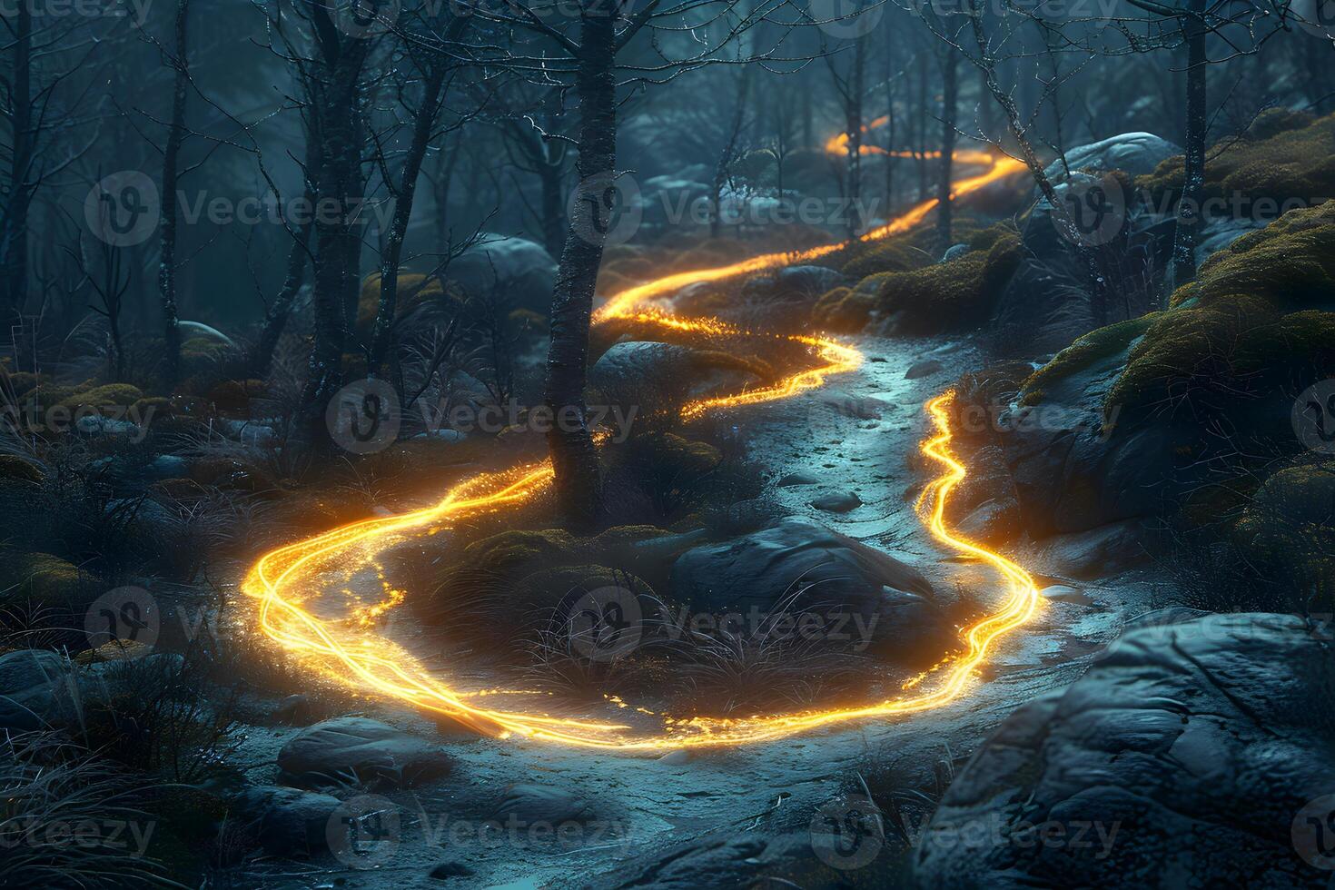 Enchanted Forest Trail with Illuminated Pathway for Fantasy Design and Adventure Themes photo