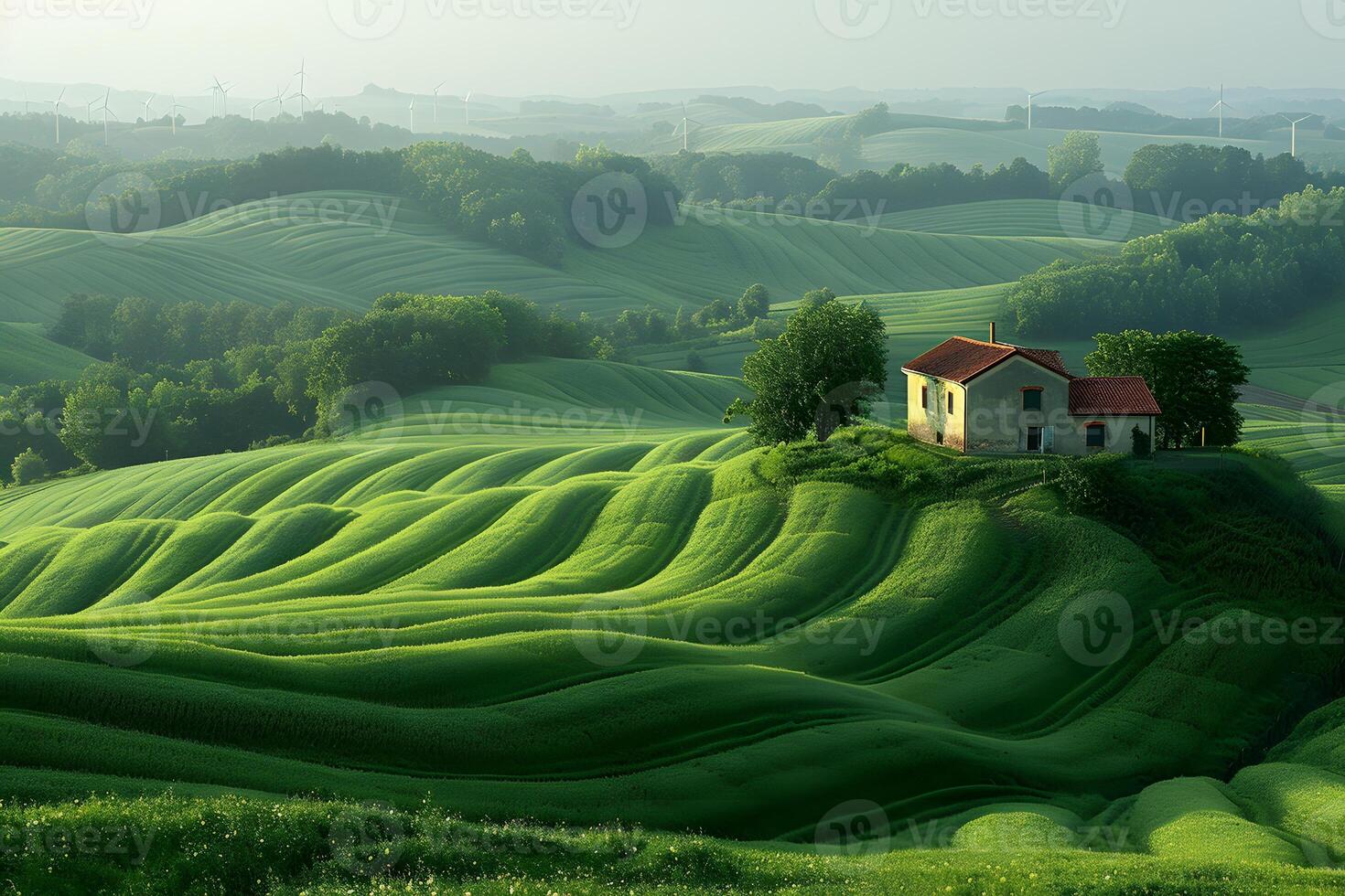 Serene Countryside Retreat with Rolling Hills and Renewable Energy Wind Turbines photo