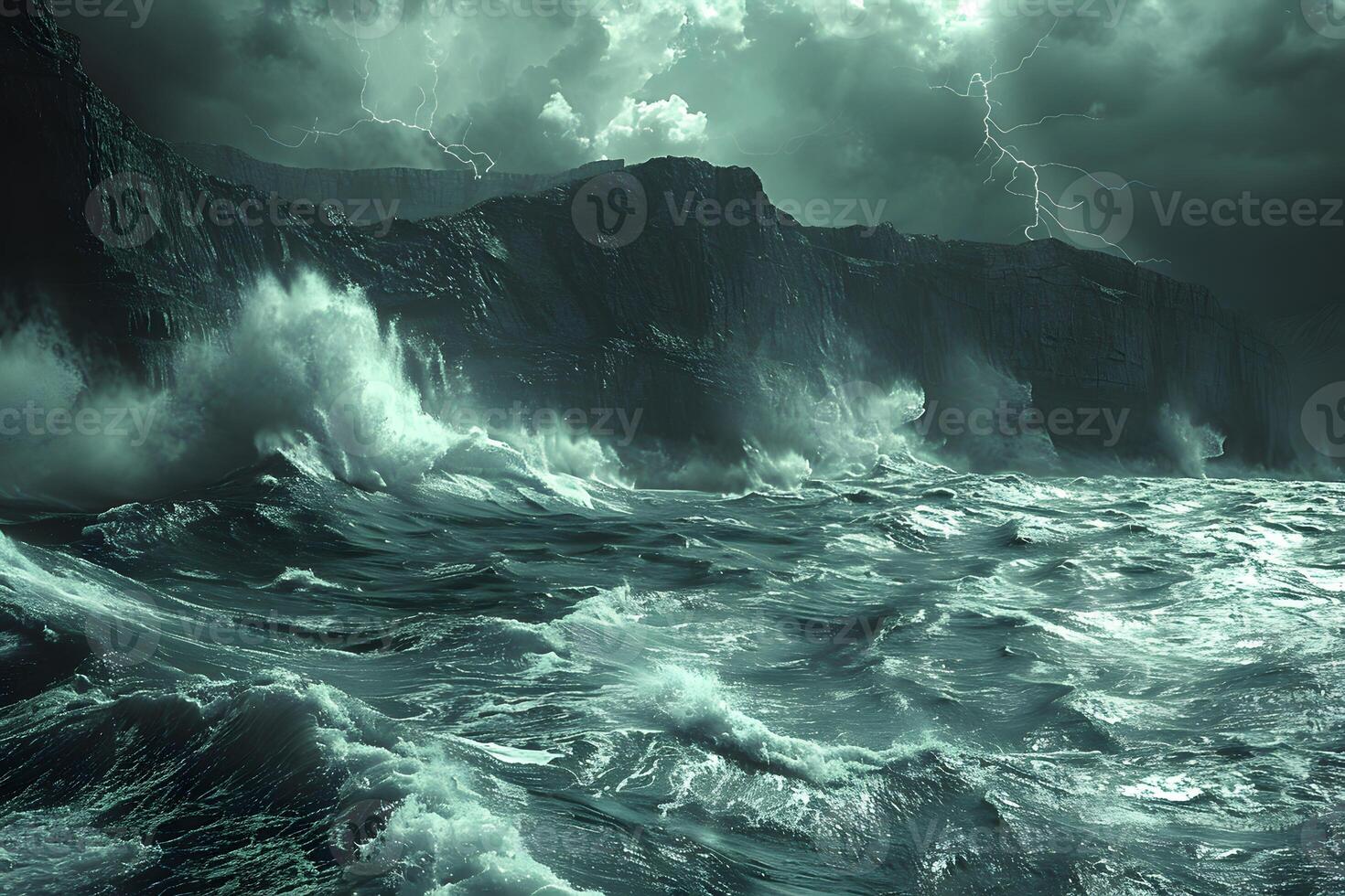 Stormy Ocean Waves Crashing Against Cliffs Under Lightning-Filled Sky photo