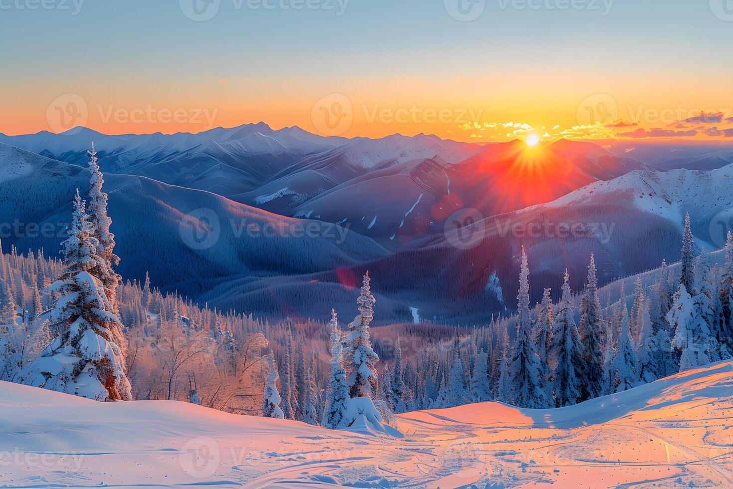 Winter Sunrise Over Snowy Mountain Landscape for Nature Photography or Wall Art photo