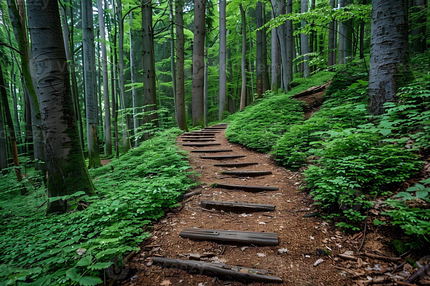 Serene Forest Pathway with Wooden Steps in Lush Greenery photo