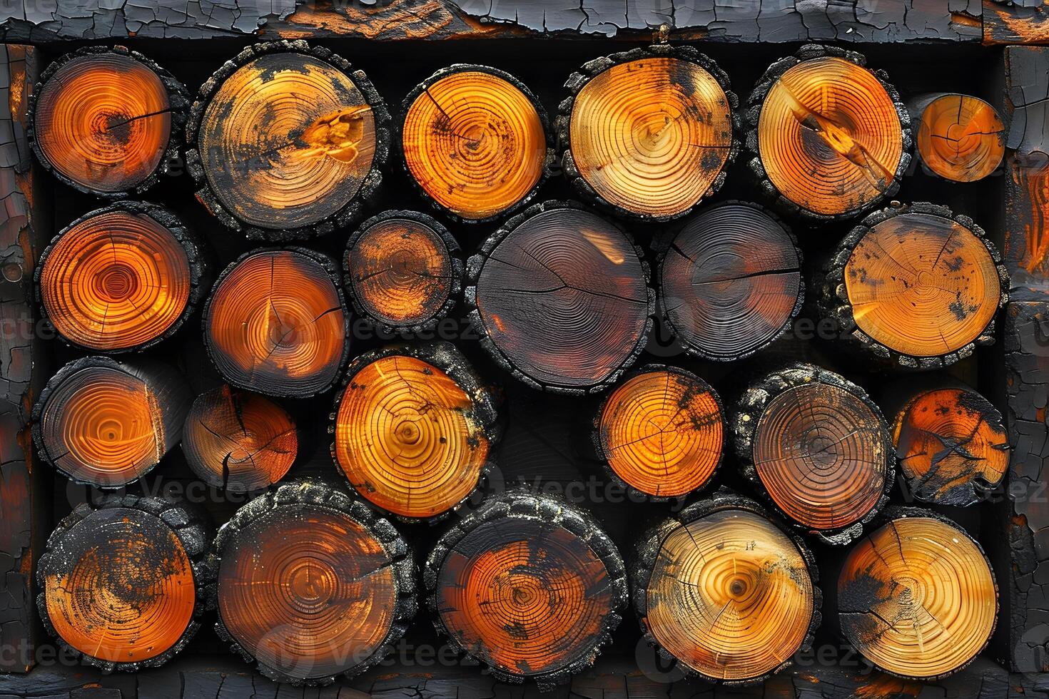 Rustic Wood Log Stack with Varied Textures and Warm Tones for Nature-Themed Decor and Design photo
