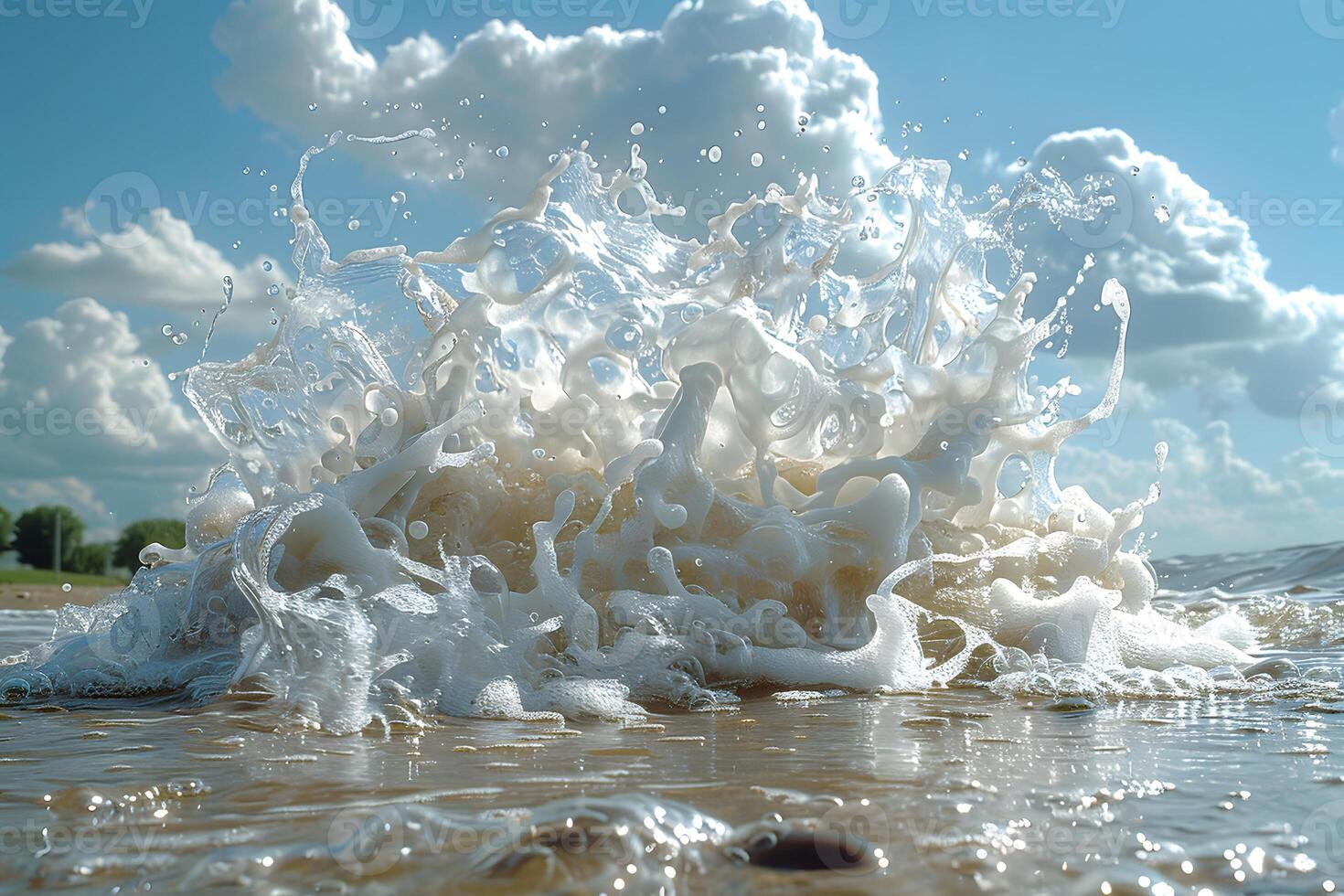 Dynamic Ocean Wave Splash on Tranquil Beach Under Blue Sky in Summer photo