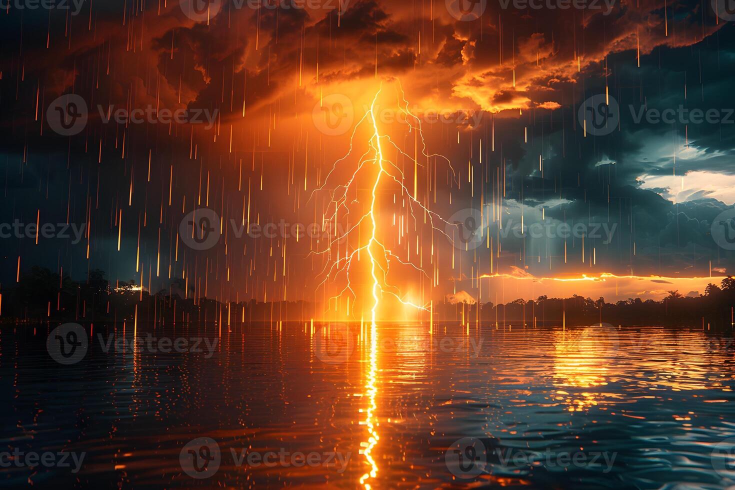 Thunderstorm Over Water at Sunset with Rain and Lightning photo