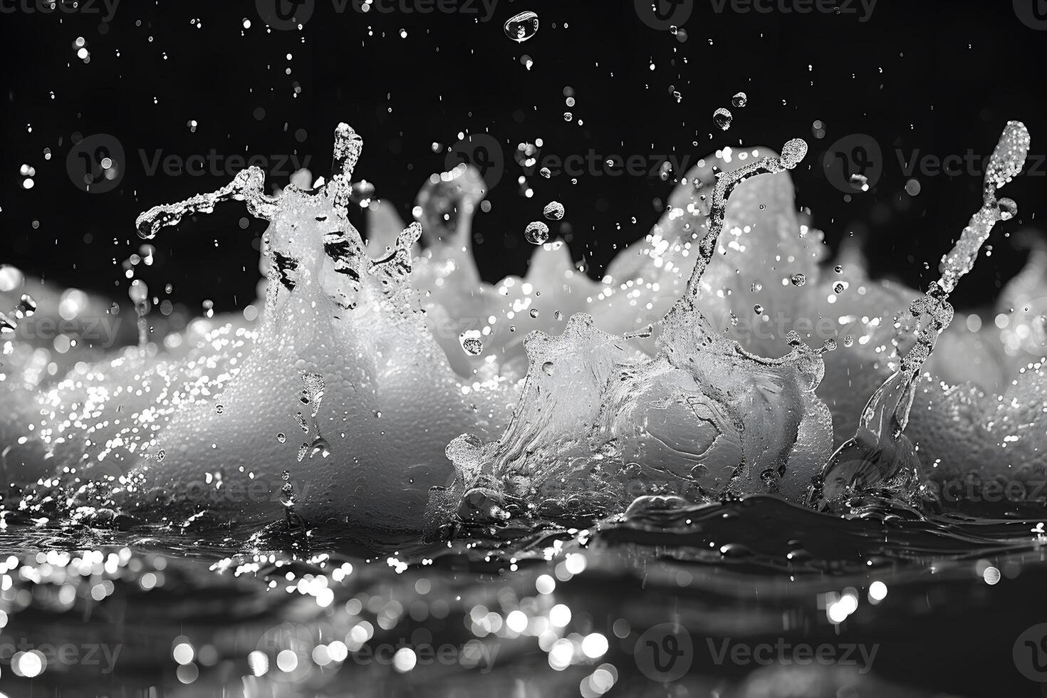 Dynamic Splash of Water Droplets in Motion Against Dark Background photo