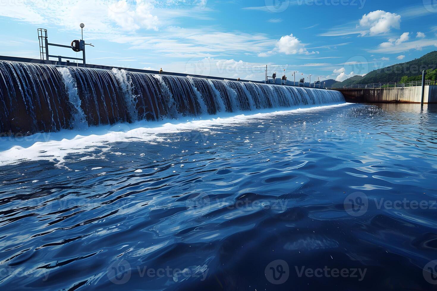 Serene River Waterfall Under Blue Sky - Nature Scene for Tranquil Design and Print photo