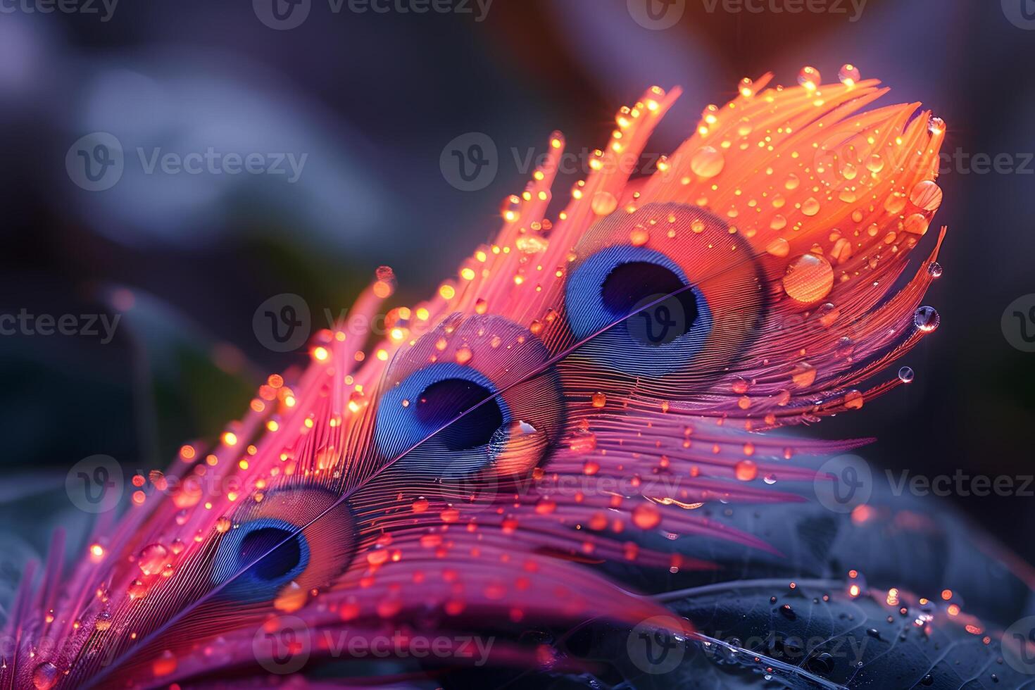 Vibrant Peacock Feather with Dewdrops for Nature and Art Design photo