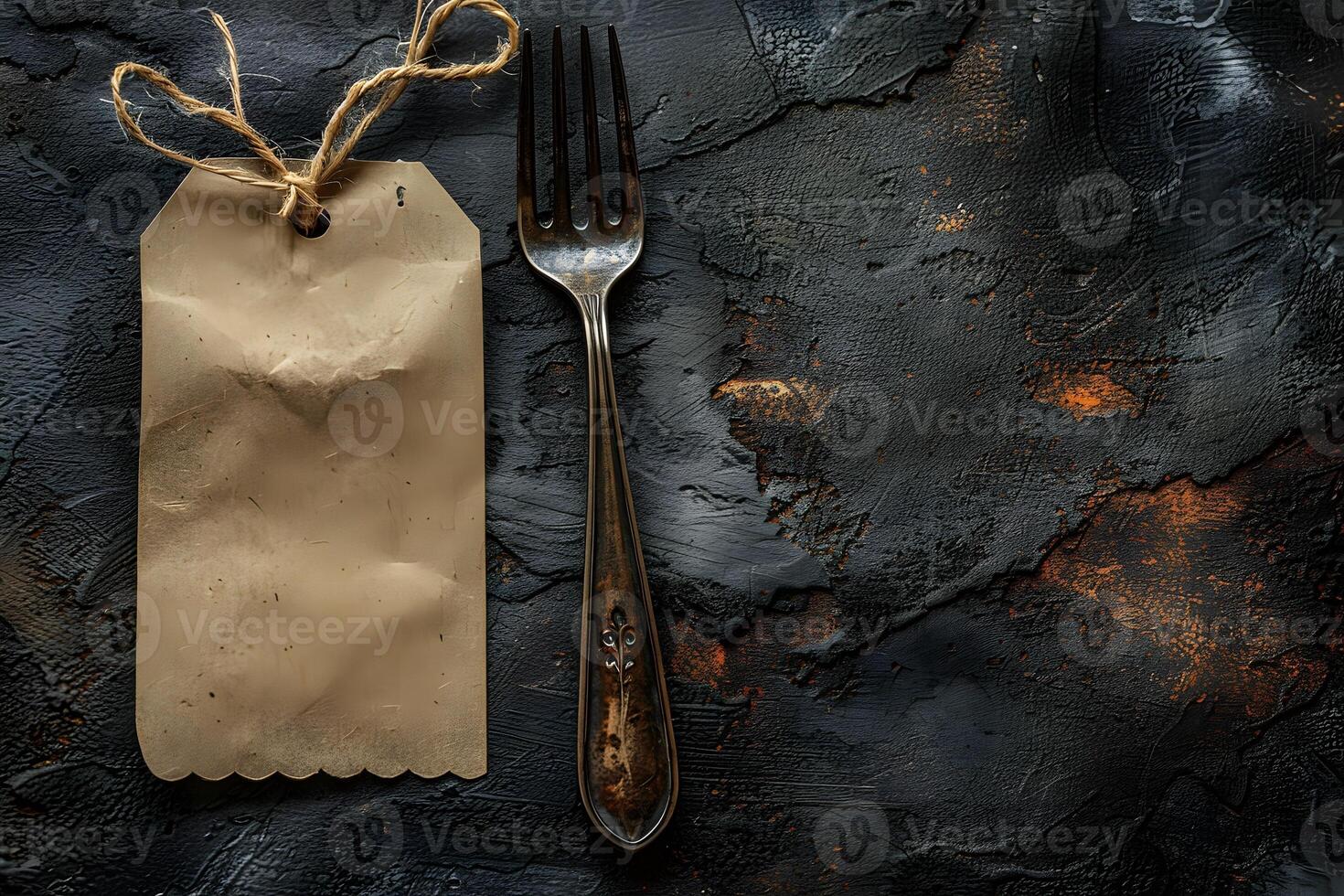 Vintage Fork and Blank Tag on Rustic Dark Background for Culinary Design photo