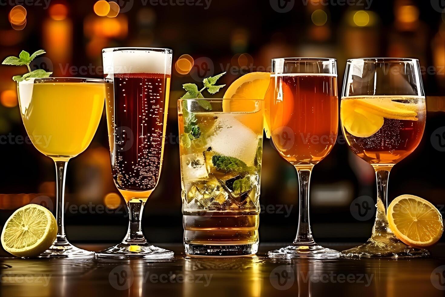Vibrant Assortment of Cocktails and Drinks with Fresh Citrus Garnishes in a Bar Setting photo