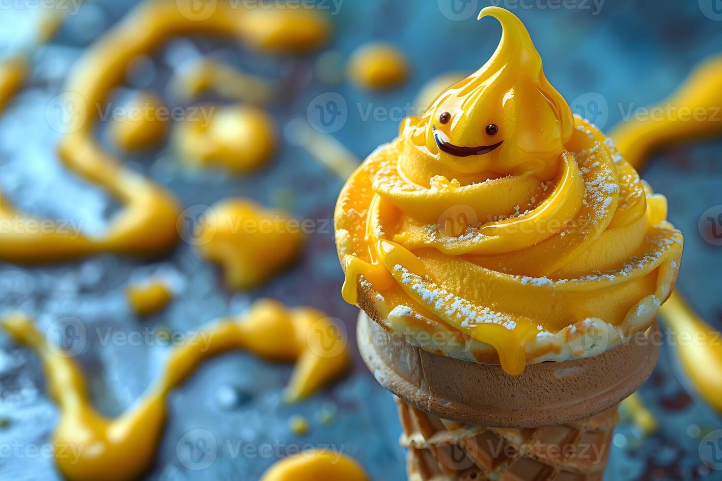 Whimsical Mango Ice Cream Cone with Smiling Swirl on Artistic Background photo