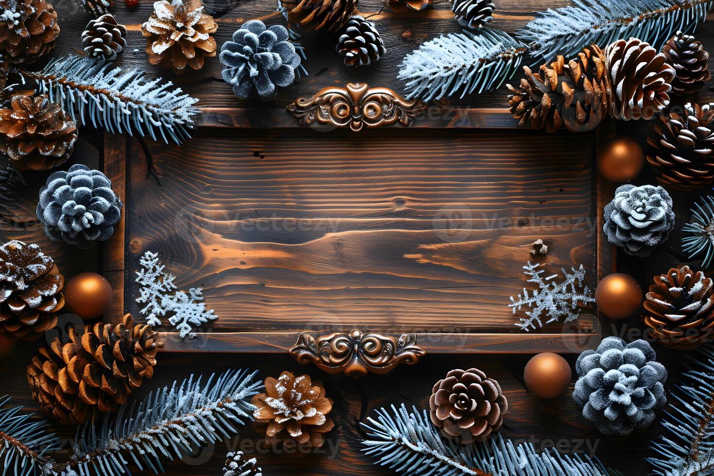 Rustic Christmas Frame with Pinecones and Snowflakes for Winter Decor Design photo