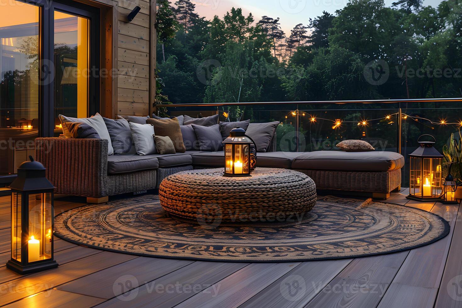 Tranquil Evening on a Cozy Outdoor Patio with Lanterns and Forest View photo