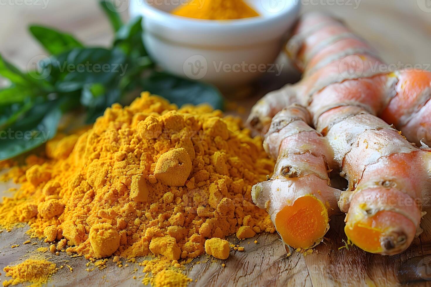 Fresh and Ground Turmeric with Green Leaves Herbal Medicine and Culinary Ingredient photo