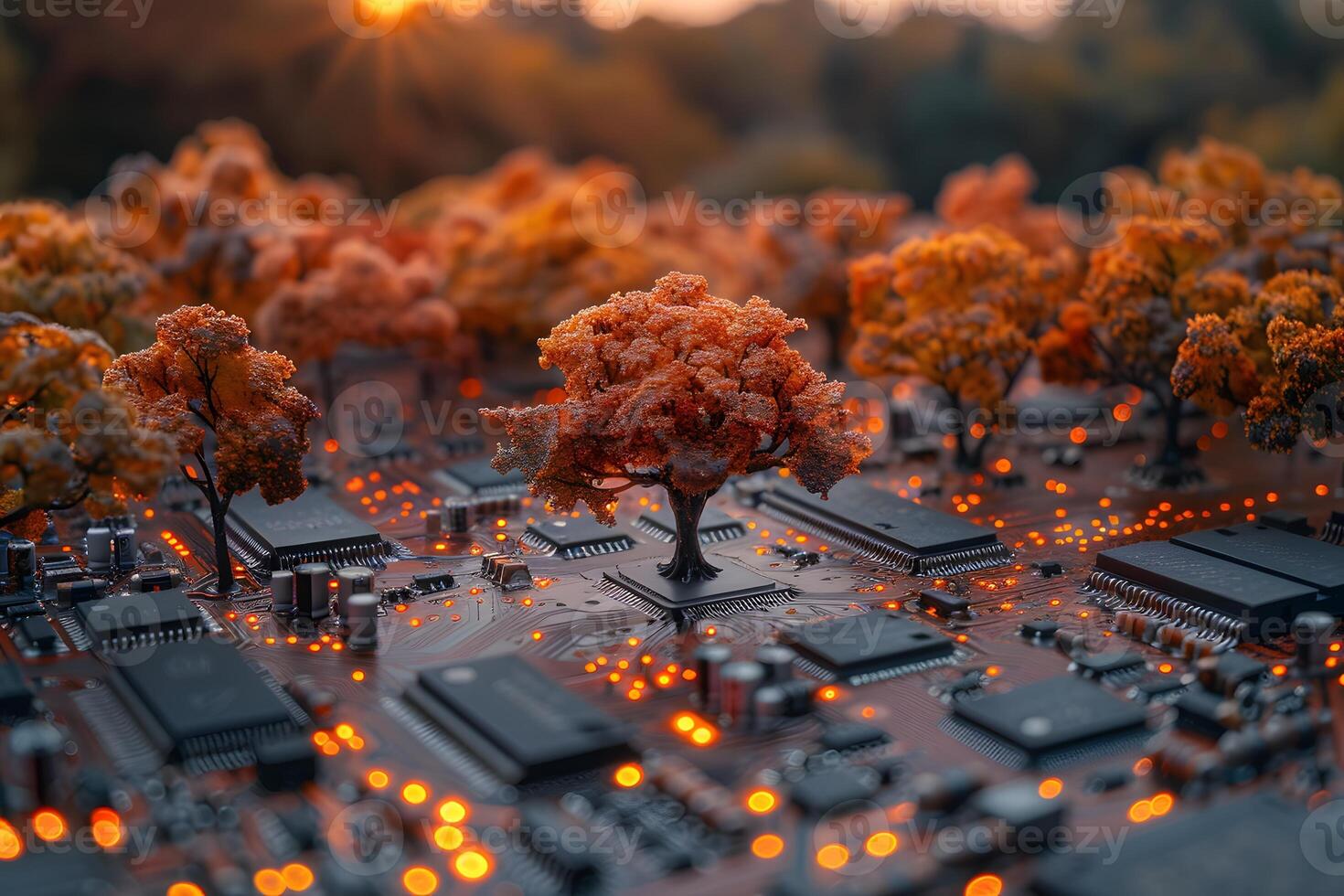 Autumn Technology Circuit Board with Trees at Sunset for Futuristic Design photo