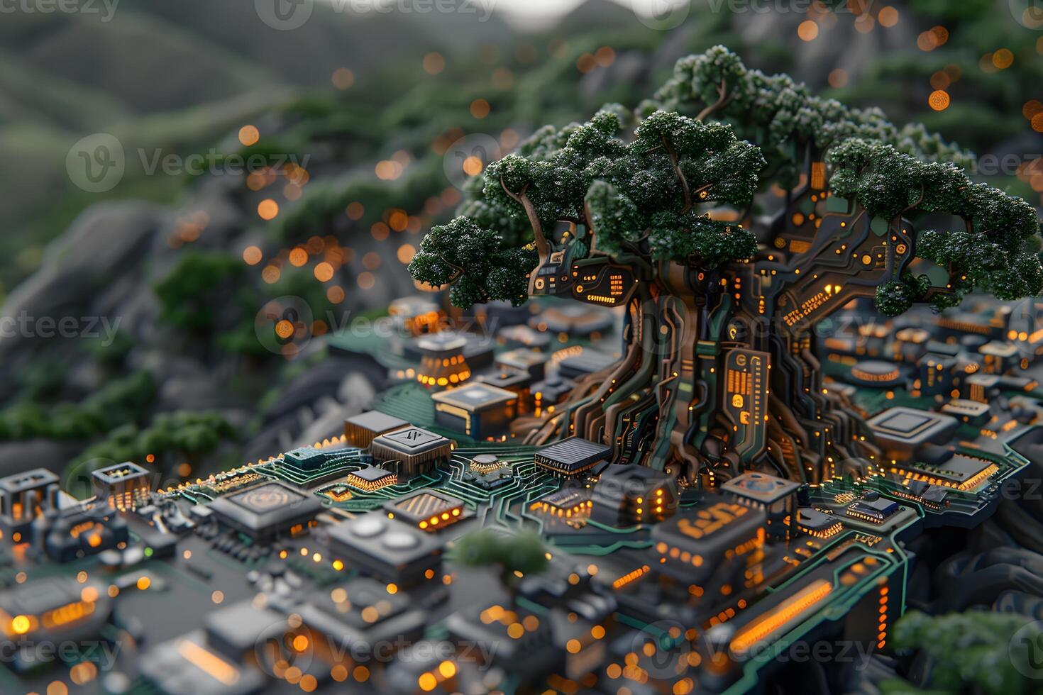 Futuristic Tree Cityscape Integrated with Circuitry in Lush Mountainous Terrain photo